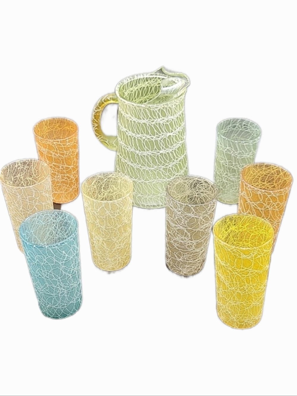MCM Colorcraft Spaghetti String Pitcher & Glassware Set of 9